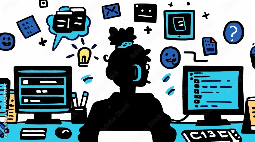 Poster a doodle style illustration of a coding tutor concept, featuring a person viewed from the back, sitt
