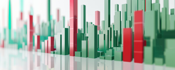 Obraz premium A dynamic bar chart with green and red bars showing stock market gains and losses, with bars of varying heights on a white background for high contrast.