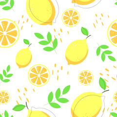 Tropical seamless vector pattern with yellow lemons, green leaves on a white background