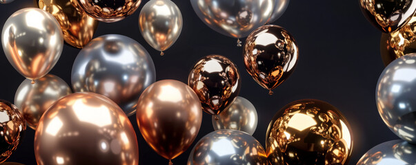 A festive scene with metallic balloons in gold, silver, and rose gold, reflecting light and creating a luxurious and celebratory mood against a dark background.