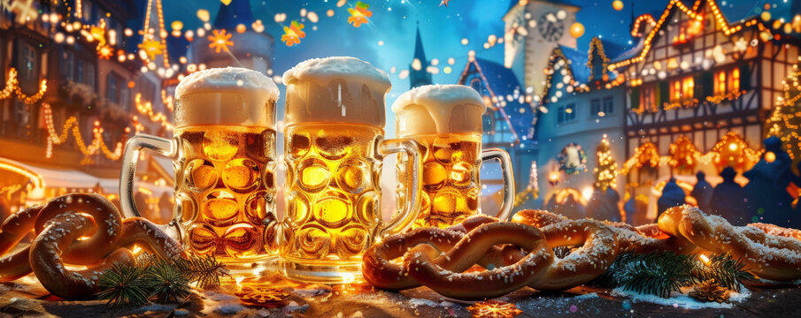 A festive Oktoberfest banner with frosty beer steins, pretzels, and traditional Bavarian decorations, set against a lively festival backdrop.