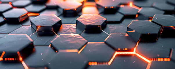 Obraz premium A futuristic metal texture with a repeating pattern of hexagonal tiles, each with a different shade of metallic sheen and embedded LEDs.