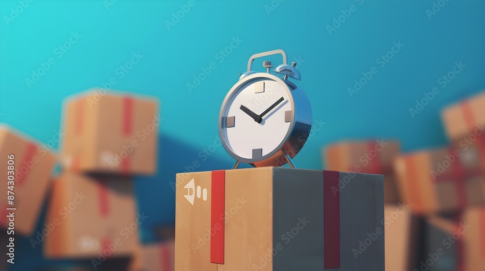 Poster alarm clock on top of stacked cardboard boxes with blue background
