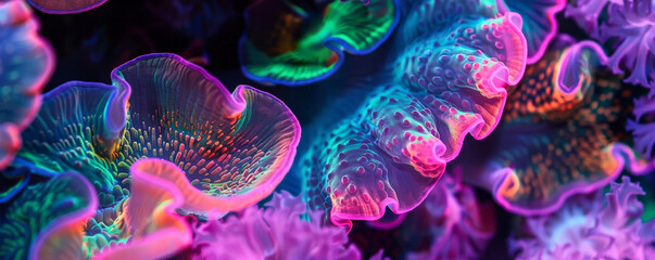 Obraz premium A mesmerizing scene of colorful fluorescent corals, featuring neon hues of pink, turquoise, and lime, isolated on a black background to create a visually striking and otherworldly underwater effect.