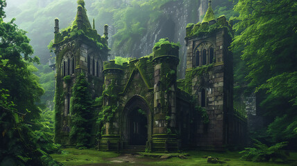 Fototapeta premium Ancient Abandoned Gothic Mansion in Enchanted Forest with Overgrown Greenery and Mystical Atmosphere, Perfect for Fantasy and Horror Themes