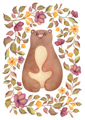 watercolor poster for nursery. cute baby bear and flowers illustration. hand drawn forest animals art in neutral pastel colours
