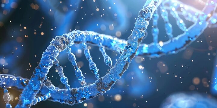  The image shows a close-up of a DNA double helix. The DNA is blue and white, and it is surrounded by a blue background.