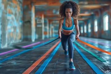 Woman Doing Resistance Band Training in Abandoned Warehouse