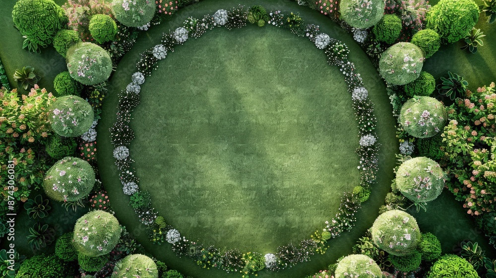 Poster from above, a garden with circular topiary patterns and radial flower arrangements, centered around 