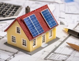 Miniature house with solar panels on the roof and blueprint: Real estate image