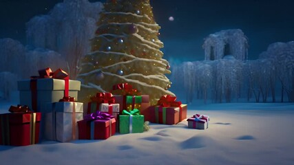 Christmas Eve with presents under a snowy tree. The winter forest creates a magical and festive atmosphere, perfect for celebrating the holiday season - Powered by Adobe