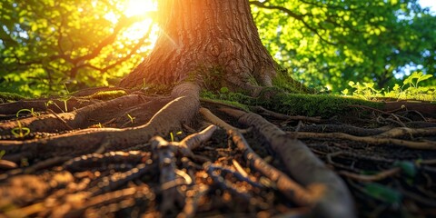 The photo shows the base of a large tree with gnarled roots.