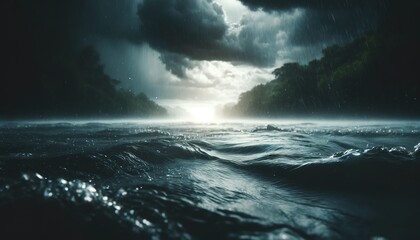 Obraz premium River and sky with dark clouds during heavy rain