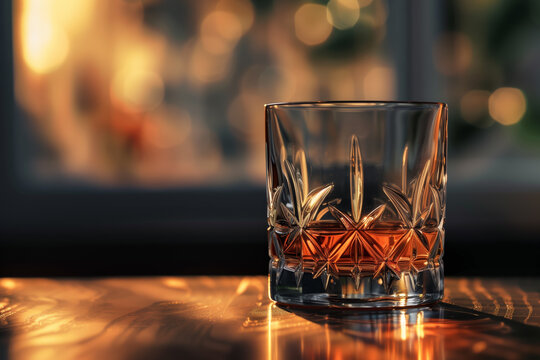 Close-up of a crystal whiskey glass filled with amber liquid, showcasing intricate reflections and a warm, luxurious atmosphere.