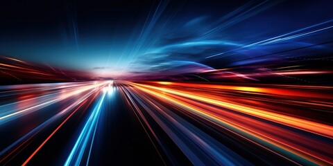 Futuristic glowing light trails in motion blur on dark background