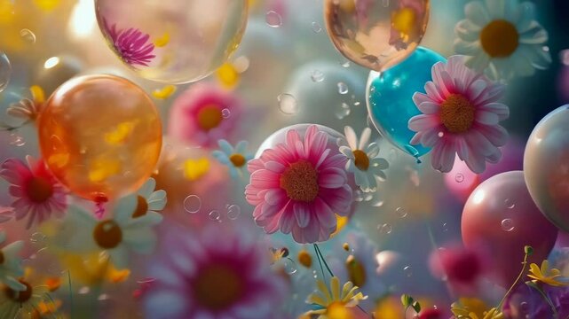 A vibrant scene featuring colorful balloons and blossoming flowers, including daisies and gerbera daisies. The soft lighting creates a warm, festive atmosphere. The image evokes a cheerful and