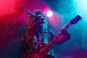 Lion guitarist on stage, neon background. A rock star.
