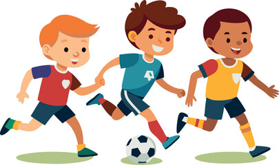 Kids playing soccer game together having fun