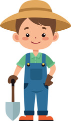 Obraz premium Cartoon farmer boy holding a shovel wearing a hat and overalls on a white background
