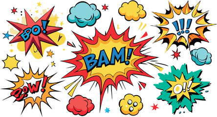 Comic-style explosion bubbles with dynamic expressions.