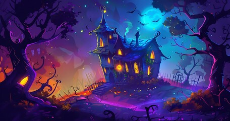 Mystical Glowing Haunted House In Eerie Forest At Night