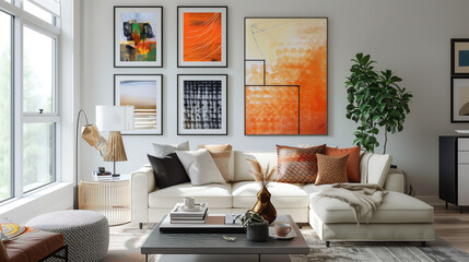 Contemporary living room showcasing a gallery wall with vibrant art, neutral-toned furniture, and a chic coffee table.