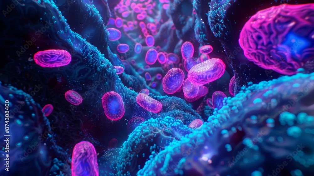 Leinwandbilder microscopic image shows vibrant cells with intricate structure and movement within an organism. pink