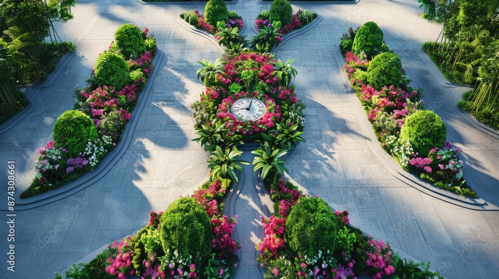 Poster overhead view of an elegant floral and topiary arrangement in the shape of a clock, with wide, empty