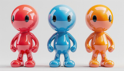 Three toy figures in red, blue, and orange, grouped with unique facial expressions and gestures