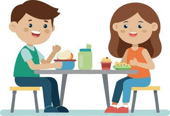 Cartoon of happy kids enjoying their lunch at a table