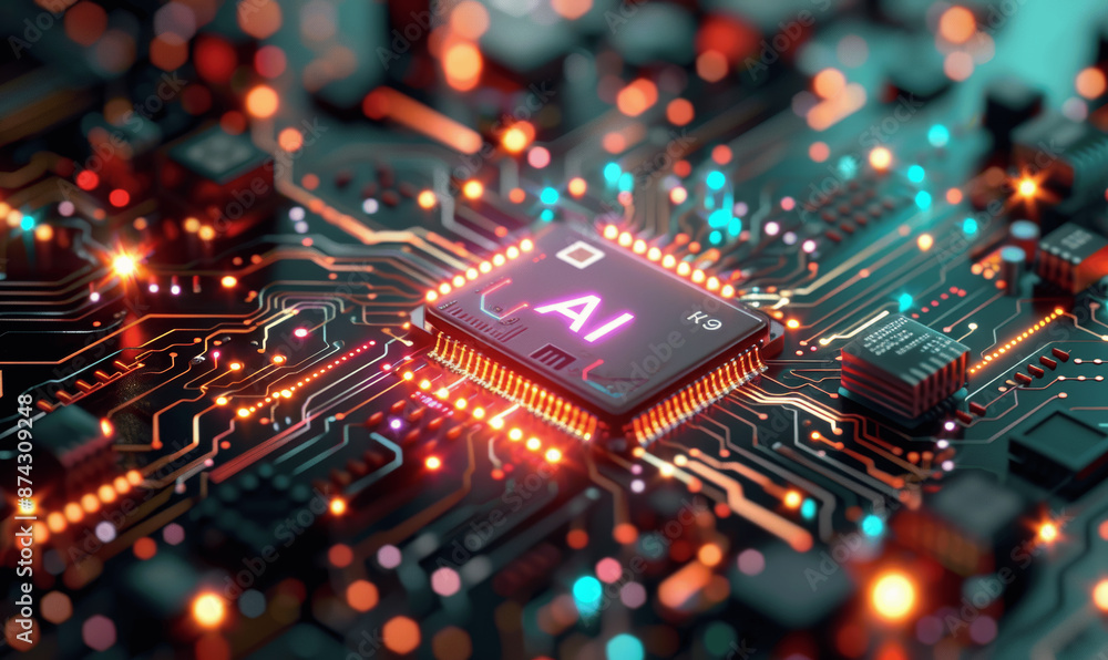 Poster futuristic glowing ai circuit background with microchips and technology elements