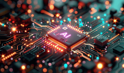 Futuristic Glowing AI Circuit Background with Microchips and Technology Elements