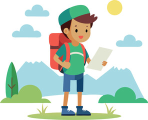 Fototapeta premium Cartoon boy hiking with a backpack and map in a scenic mountain landscape