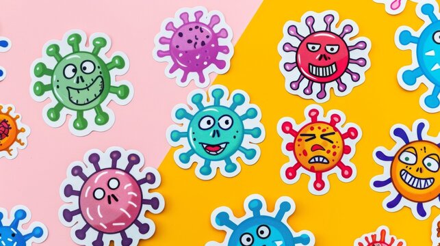 Close-up of various colorful cartoon virus stickers with different facial expressions arranged on a pink and yellow background. - Powered by Adobe