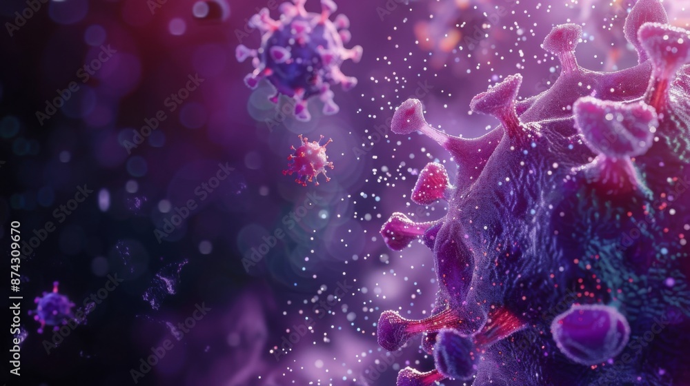 Aufkleber A close-up view of a purple virus particle with spikes, floating in a dark purple background.