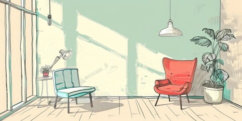 Cozy Hand-Drawn Furniture Illustration on Soft Pastel Background with Copy Space