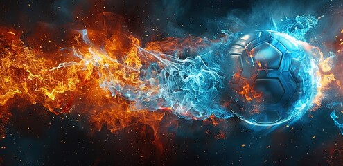 A ball with water and fire elements on a black background