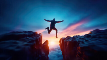 Silhouetted person jumping between cliffs at sunset, symbolizing courage, risk-taking, and adventure in a dramatic, scenic landscape.