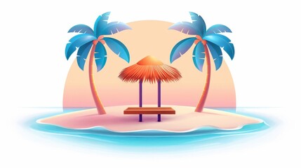 Illustration of a tranquil island with coconut trees, a sunset, and a beach hut. Perfect tropical vacation concept.