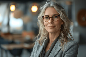 Obraz premium Smiling senior businesswoman in bright modern office standing confidently wearing glasses and blazer