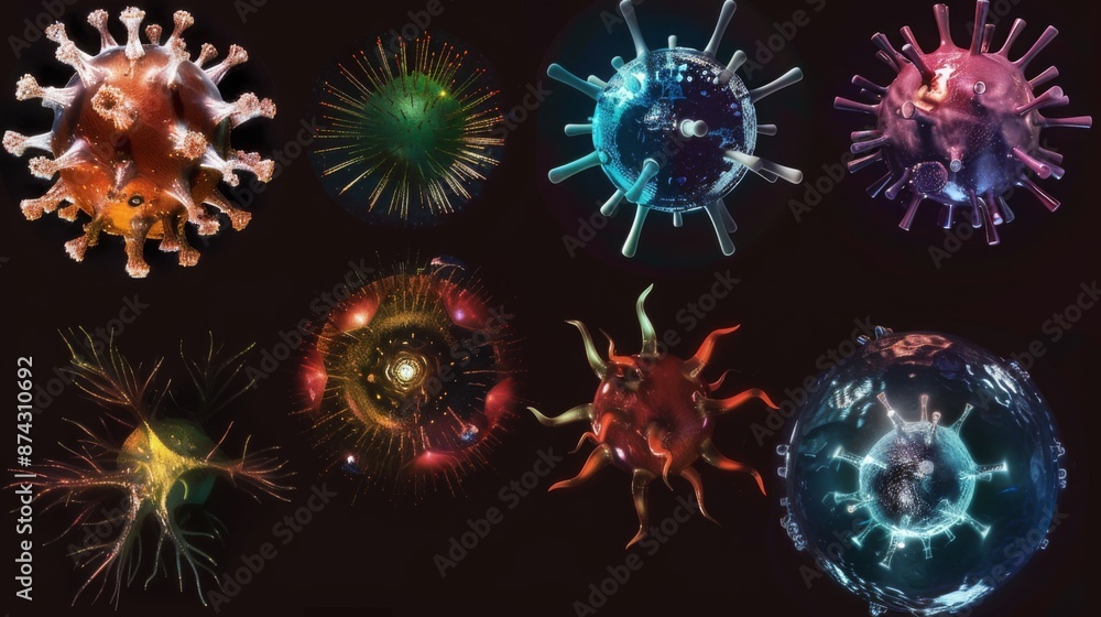 Poster a collection of colorful 3d models of viruses against a black background. each virus has a unique sh