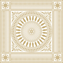 Vector golden classic Greek square ornament. Rectangle of Ancient Greece and Roman Empire. Byzantine painting of walls, floors and ceilings. Decoration of European palaces