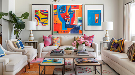 Contemporary living room showcasing a gallery wall with vibrant art, neutral-toned furniture, and a chic coffee table.