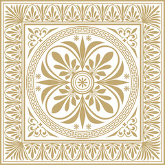 Vector golden classic Greek square ornament. Rectangle of Ancient Greece and Roman Empire. Byzantine painting of walls, floors and ceilings. Decoration of European palaces