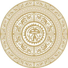 Native American vector round gold pattern. Geometric shapes in a circle. National ornament of the peoples of America, Maya, Aztecs, Inca