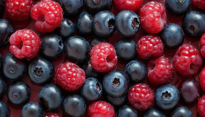 A close-up shot of blueberries and raspberries, showcasing their vibrant colors and textures