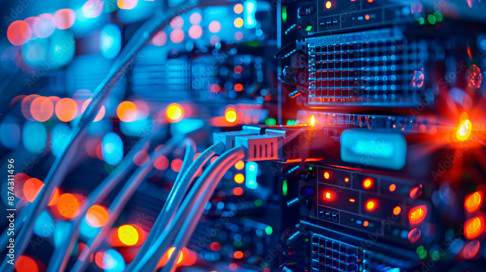 Poster a visual of a secure server room with glowing data cables and encrypted data transfers, highlighting