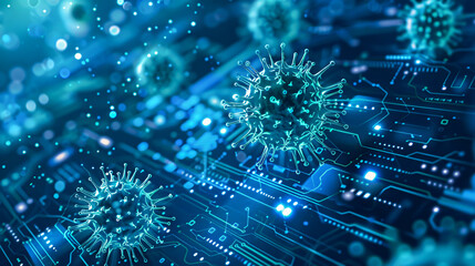 An abstract representation of a computer virus detection system with warning signals and digital defenses