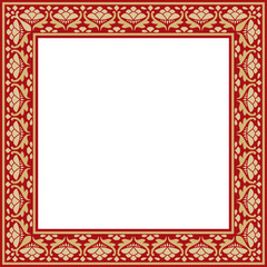 Vector gold and red square national Indian ornament. Rectangle, border, ethnic Hindu frame