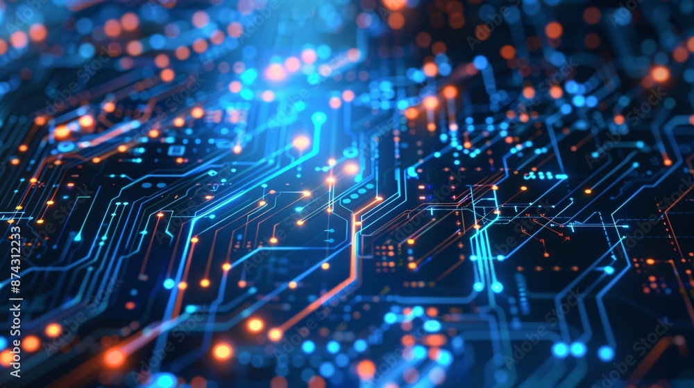 Poster an abstract background of glowing digital circuits, representing the infrastructure of modern digita
